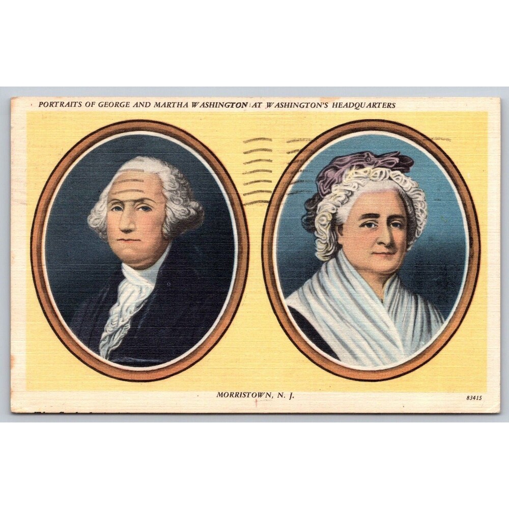 Vtg Postcard George and Martha Washington Portraits Morristown NJ 1954 Postmark